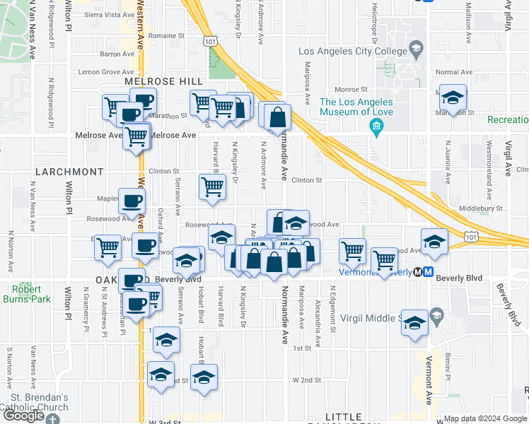 map of restaurants, bars, coffee shops, grocery stores, and more near 4460 West Maplewood Avenue in Los Angeles