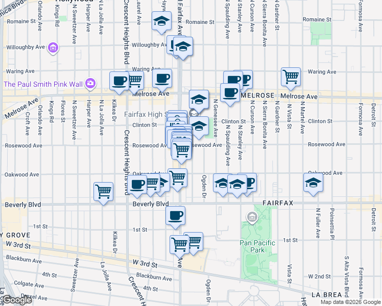 map of restaurants, bars, coffee shops, grocery stores, and more near 451 North Orange Grove Avenue in Los Angeles