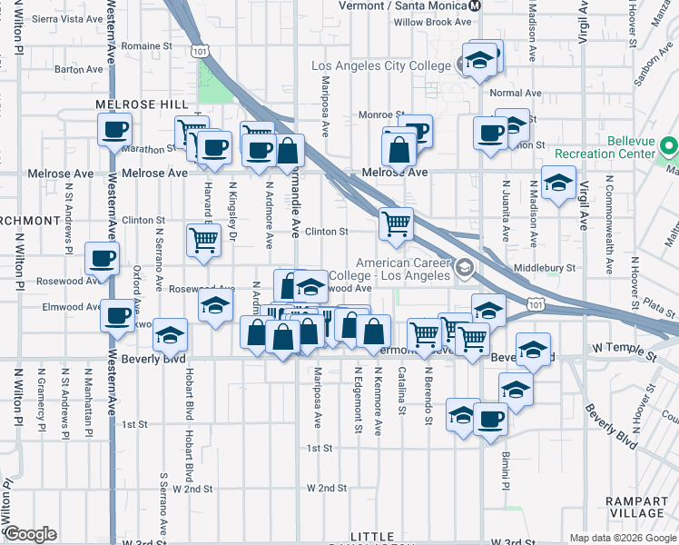 map of restaurants, bars, coffee shops, grocery stores, and more near 519 Alexandria Avenue in Los Angeles