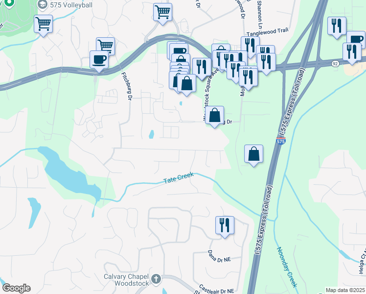 map of restaurants, bars, coffee shops, grocery stores, and more near 1053 Boston Ridge in Woodstock