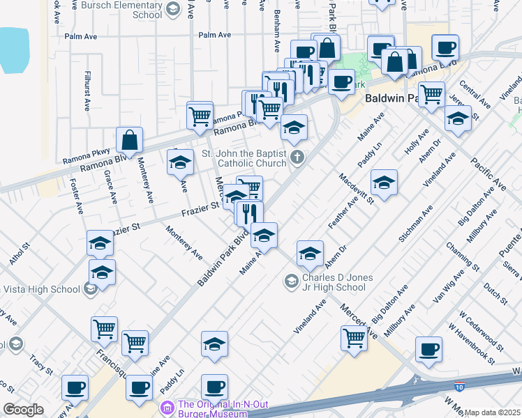 map of restaurants, bars, coffee shops, grocery stores, and more near 3749 Baldwin Park Boulevard in Baldwin Park