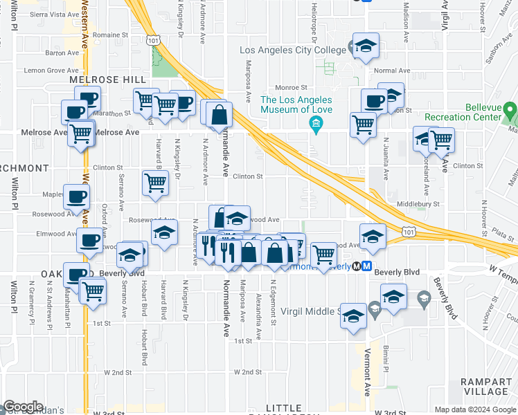 map of restaurants, bars, coffee shops, grocery stores, and more near 519 Alexandria Avenue in Los Angeles