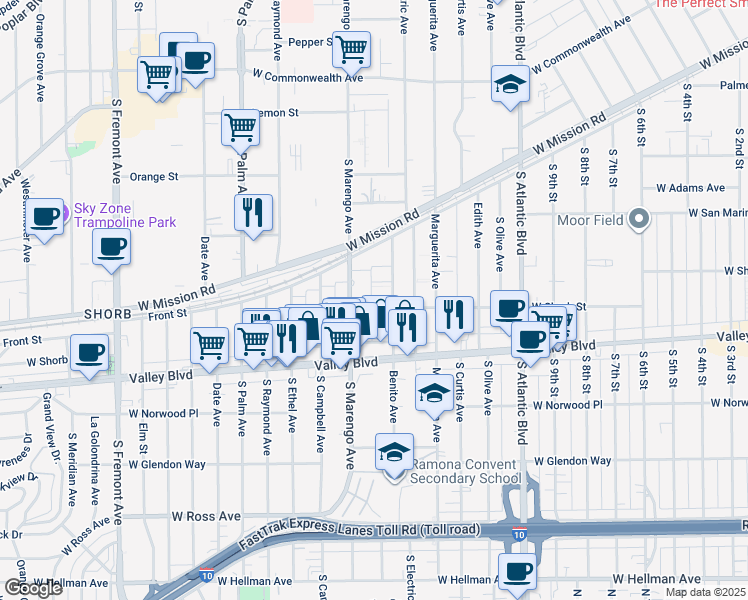 map of restaurants, bars, coffee shops, grocery stores, and more near 1024 South Marengo Avenue in Alhambra