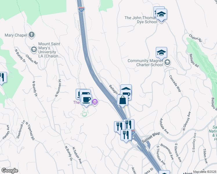 map of restaurants, bars, coffee shops, grocery stores, and more near 11790 Bellagio Road in Los Angeles