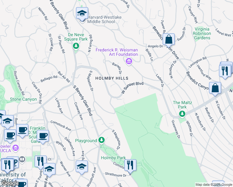 map of restaurants, bars, coffee shops, grocery stores, and more near 107 Delfern Drive in Los Angeles