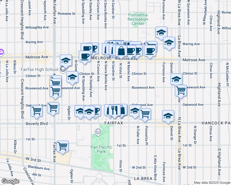 map of restaurants, bars, coffee shops, grocery stores, and more near 448 North Gardner Street in Los Angeles