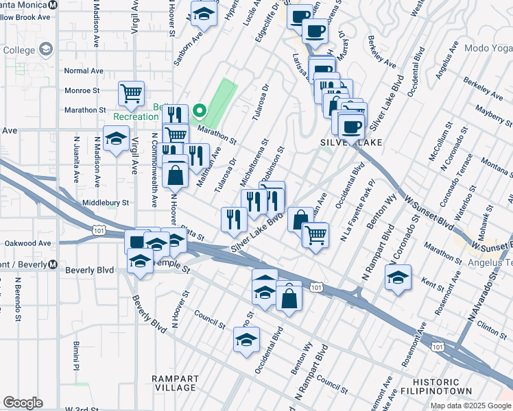 map of restaurants, bars, coffee shops, grocery stores, and more near 636 Robinson Street in Los Angeles