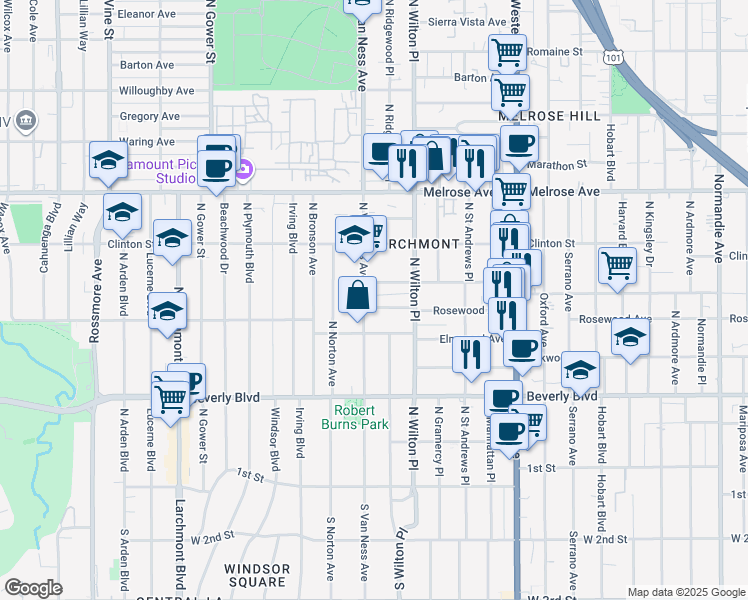 map of restaurants, bars, coffee shops, grocery stores, and more near 5051 Rosewood Avenue in Los Angeles