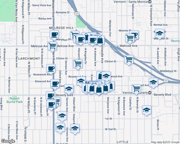 map of restaurants, bars, coffee shops, grocery stores, and more near 4504 West Maplewood Avenue in Los Angeles