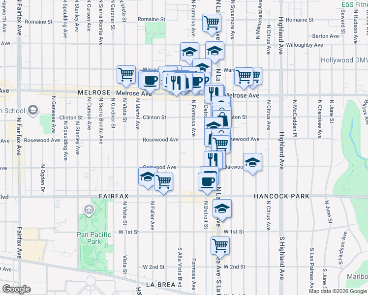 map of restaurants, bars, coffee shops, grocery stores, and more near 7216 Rosewood Avenue in Los Angeles