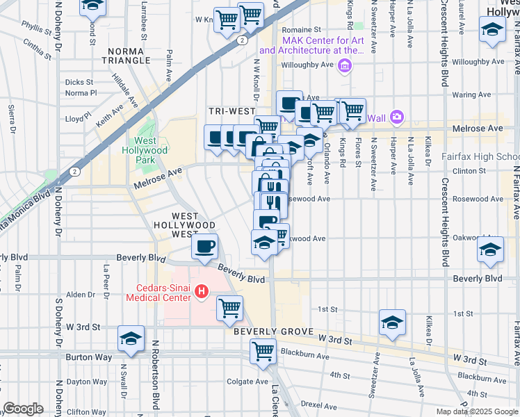 map of restaurants, bars, coffee shops, grocery stores, and more near 448 Westmount Drive in West Hollywood