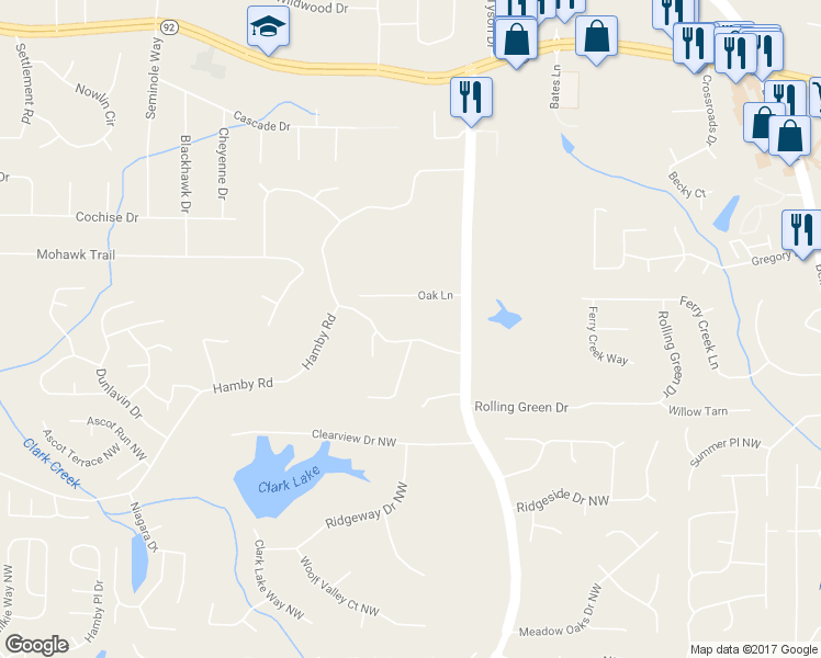 map of restaurants, bars, coffee shops, grocery stores, and more near 5409 Hamby Road in Acworth