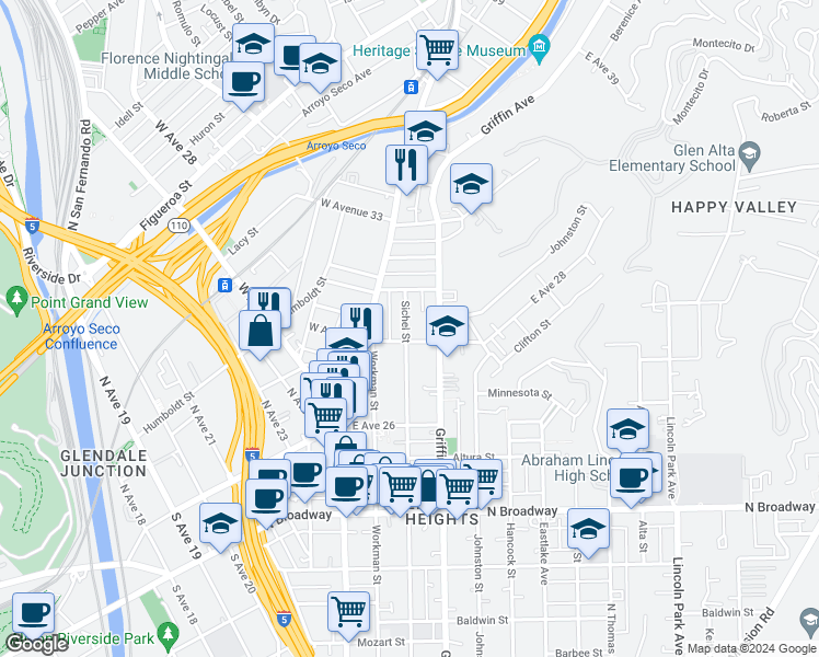 map of restaurants, bars, coffee shops, grocery stores, and more near 2825 Sichel Street in Los Angeles