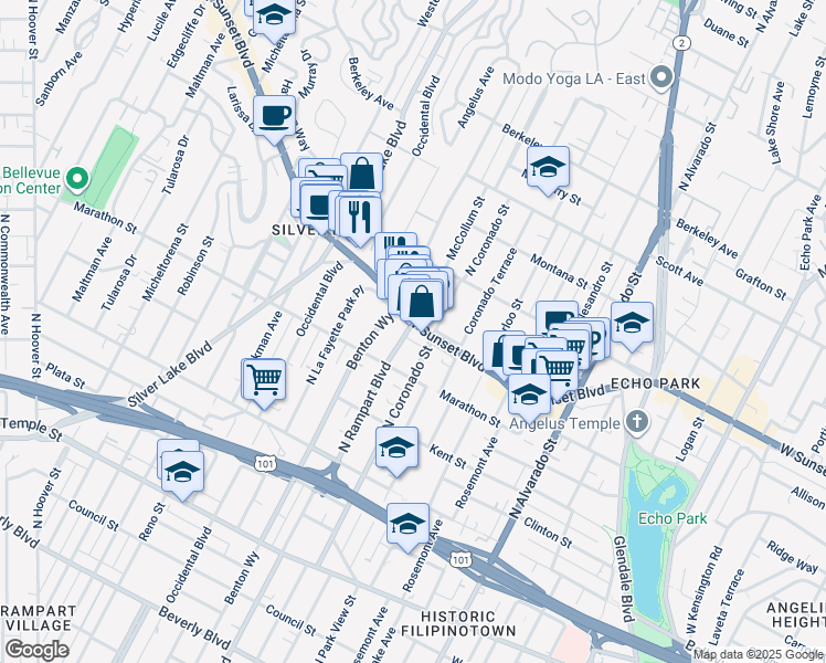 map of restaurants, bars, coffee shops, grocery stores, and more near 948 North Benton Way in Los Angeles