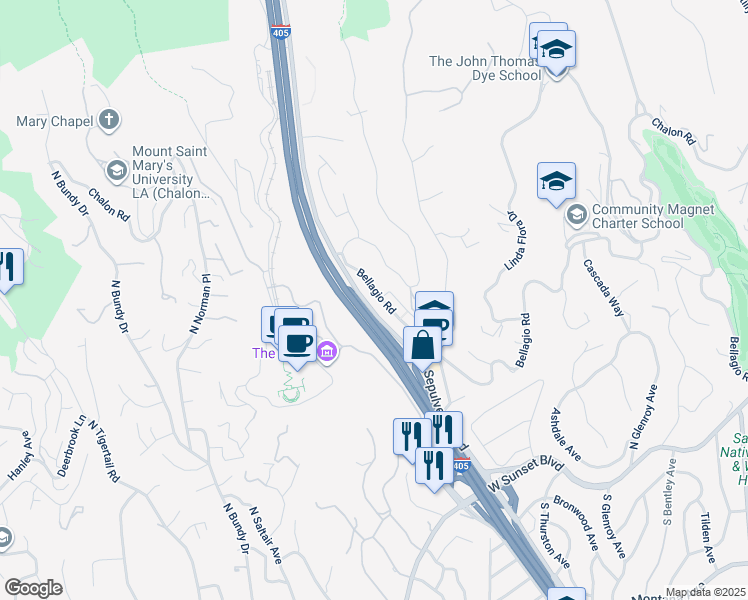 map of restaurants, bars, coffee shops, grocery stores, and more near 11782 Bellagio Road in Los Angeles