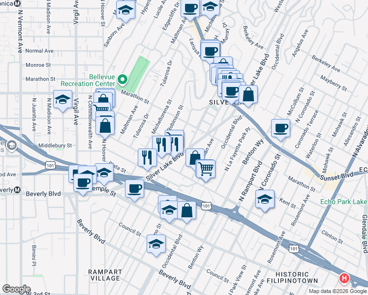 map of restaurants, bars, coffee shops, grocery stores, and more near 665 Silver Lake Boulevard in Los Angeles