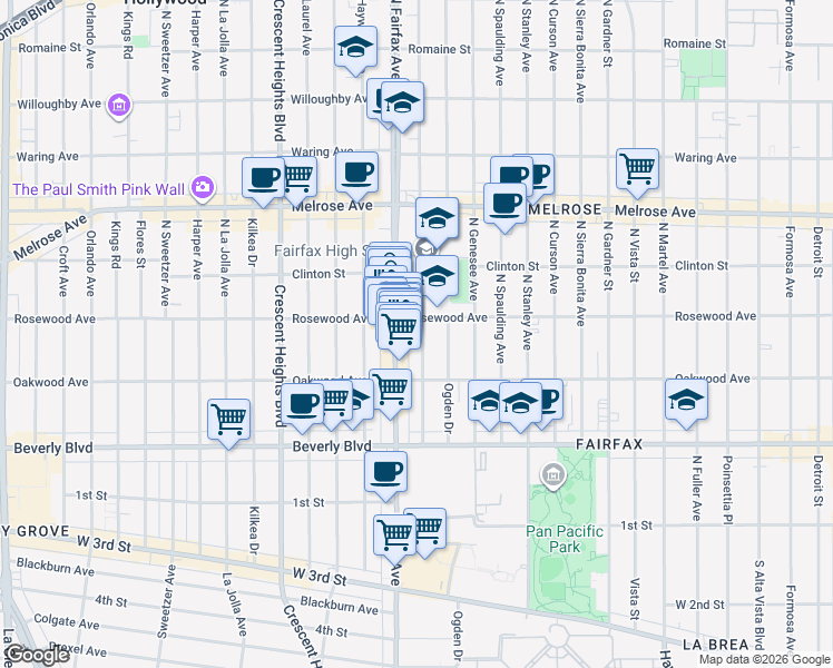 map of restaurants, bars, coffee shops, grocery stores, and more near 467 North Orange Grove Avenue in Los Angeles