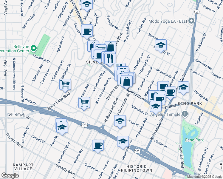 map of restaurants, bars, coffee shops, grocery stores, and more near 824 North La Fayette Park Place in Los Angeles