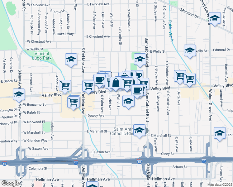 map of restaurants, bars, coffee shops, grocery stores, and more near 421 East Valley Boulevard in San Gabriel