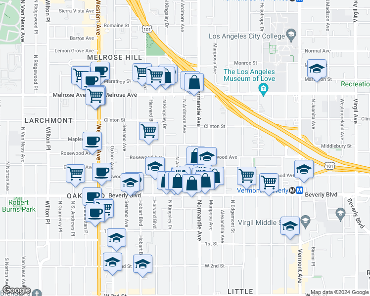 map of restaurants, bars, coffee shops, grocery stores, and more near Maplewood Avenue in Los Angeles