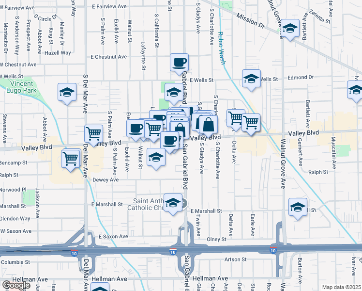 map of restaurants, bars, coffee shops, grocery stores, and more near 800 East Valley Boulevard in San Gabriel