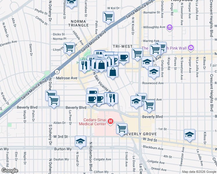 map of restaurants, bars, coffee shops, grocery stores, and more near 433 Norwich Drive in West Hollywood