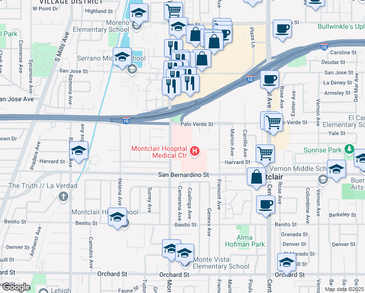 map of restaurants, bars, coffee shops, grocery stores, and more near 9635 Monte Vista Avenue in Montclair