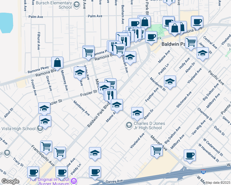 map of restaurants, bars, coffee shops, grocery stores, and more near 3737 Baldwin Park Boulevard in Baldwin Park