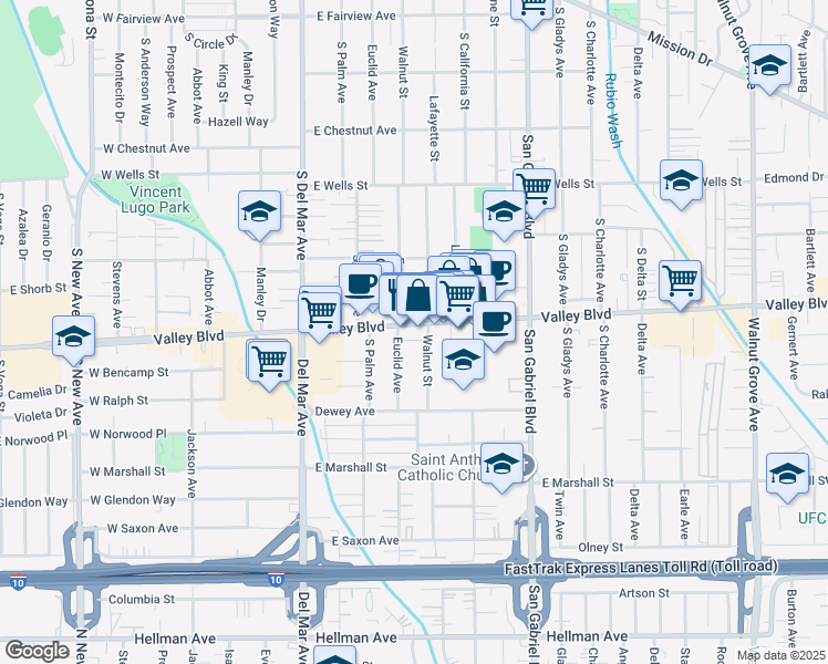 map of restaurants, bars, coffee shops, grocery stores, and more near 421 East Valley Boulevard in San Gabriel