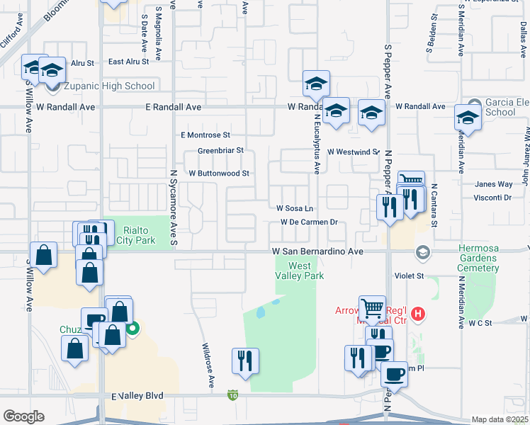 map of restaurants, bars, coffee shops, grocery stores, and more near 1130 North Christobal Lane in Colton