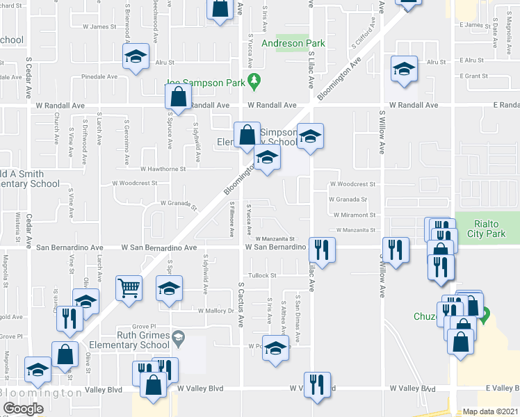 map of restaurants, bars, coffee shops, grocery stores, and more near 1173 South Cactus Avenue in Rialto