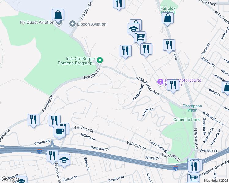 map of restaurants, bars, coffee shops, grocery stores, and more near 1328 El Paraiso Drive in Pomona