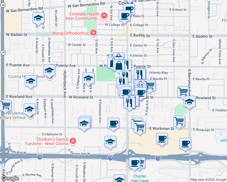 map of restaurants, bars, coffee shops, grocery stores, and more near 538 South Calvados Avenue in Covina