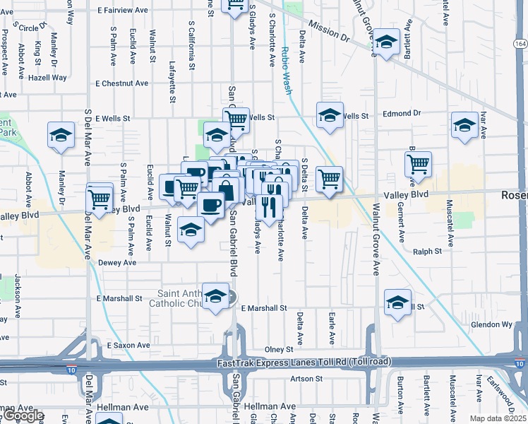 map of restaurants, bars, coffee shops, grocery stores, and more near 1602 South Gladys Avenue in San Gabriel