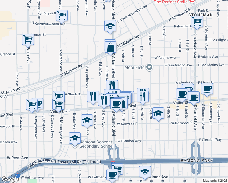 map of restaurants, bars, coffee shops, grocery stores, and more near 1108 South Atlantic Boulevard in Alhambra