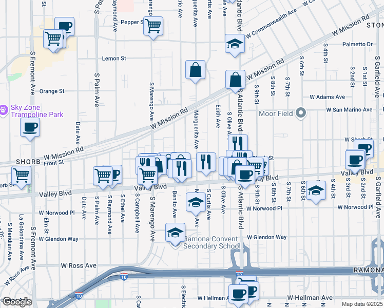 map of restaurants, bars, coffee shops, grocery stores, and more near 1095 Marguerita Avenue in Alhambra