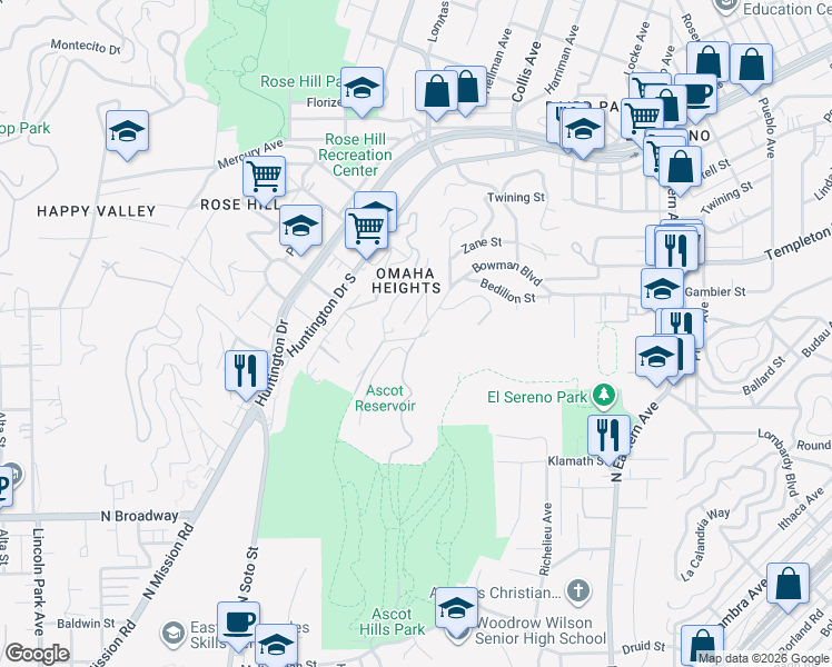 map of restaurants, bars, coffee shops, grocery stores, and more near 4411 Bowman Boulevard in Los Angeles