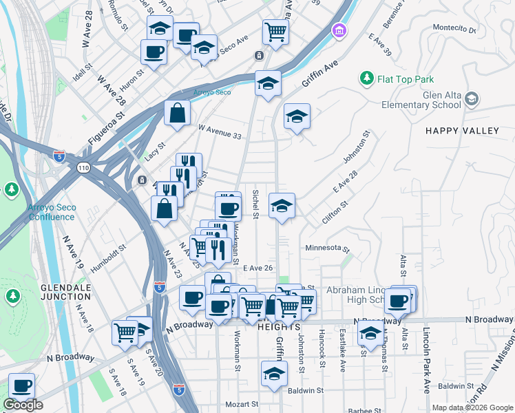 map of restaurants, bars, coffee shops, grocery stores, and more near 2825 Sichel Street in Los Angeles