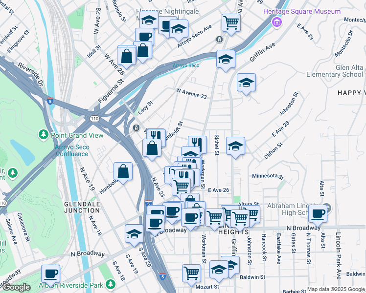 map of restaurants, bars, coffee shops, grocery stores, and more near 151 West Avenue 28 in Los Angeles