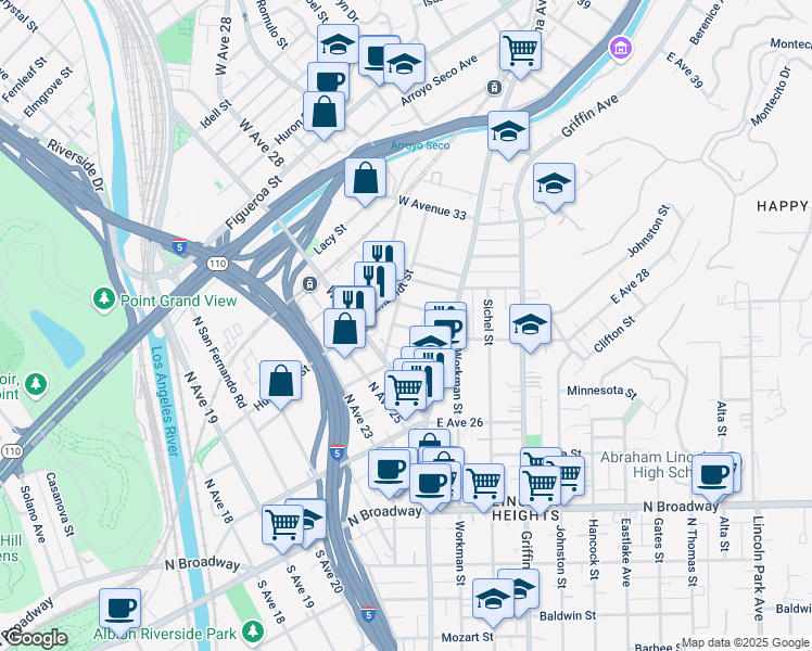 map of restaurants, bars, coffee shops, grocery stores, and more near 151 West Avenue 28 in Los Angeles