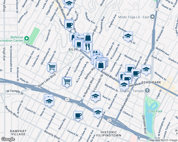 map of restaurants, bars, coffee shops, grocery stores, and more near 824 North La Fayette Park Place in Los Angeles