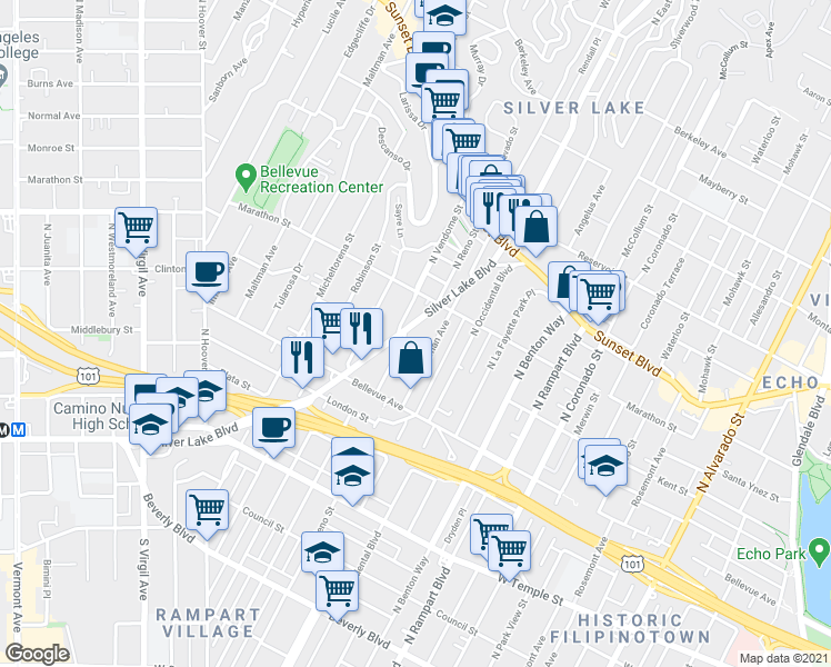 map of restaurants, bars, coffee shops, grocery stores, and more near 723 Silver Lake Boulevard in Los Angeles