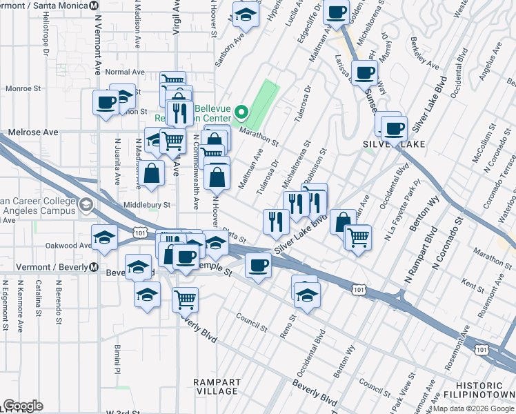 map of restaurants, bars, coffee shops, grocery stores, and more near 3513 Bellevue Avenue in Los Angeles