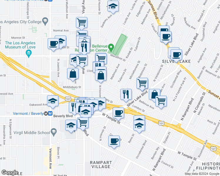 map of restaurants, bars, coffee shops, grocery stores, and more near 3513 Bellevue Avenue in Los Angeles