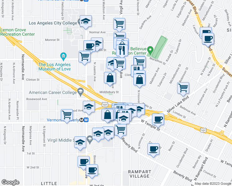 map of restaurants, bars, coffee shops, grocery stores, and more near 501 North Virgil Avenue in Los Angeles