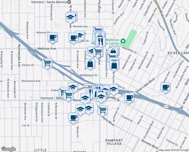 map of restaurants, bars, coffee shops, grocery stores, and more near 501 North Virgil Avenue in Los Angeles