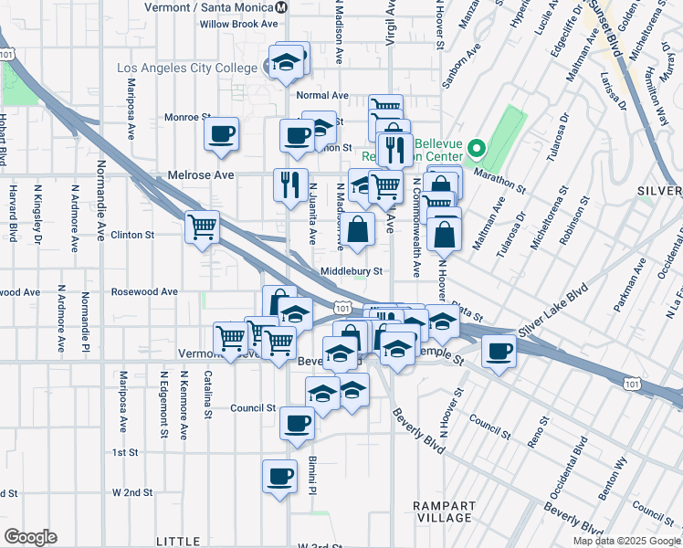 map of restaurants, bars, coffee shops, grocery stores, and more near in Los Angeles