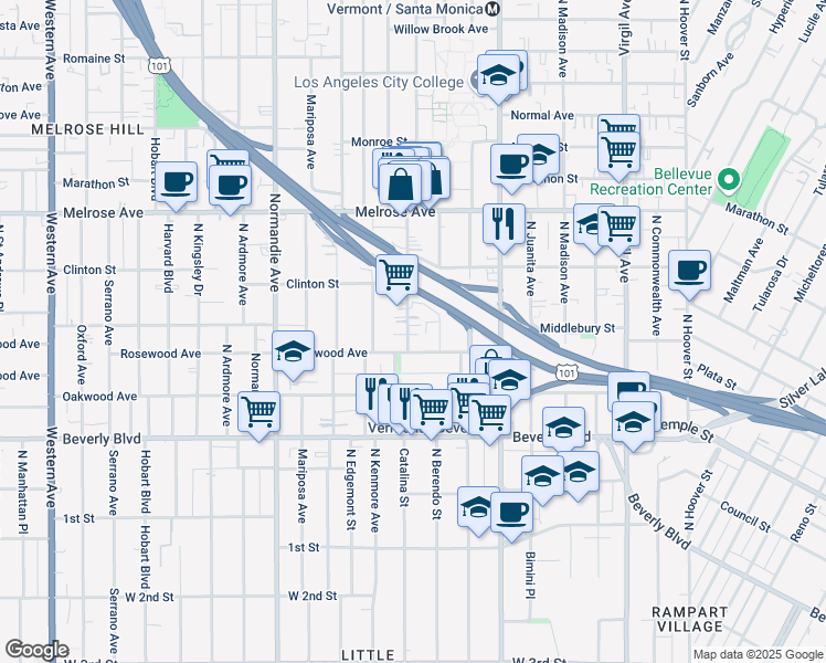 map of restaurants, bars, coffee shops, grocery stores, and more near 533 North Berendo Street in Los Angeles