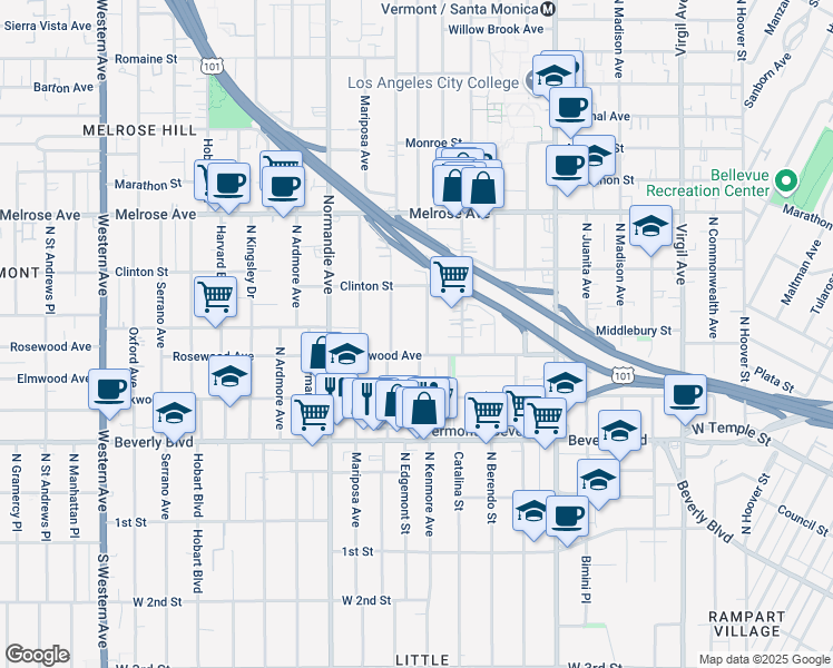map of restaurants, bars, coffee shops, grocery stores, and more near 528 North Alexandria Avenue in Los Angeles