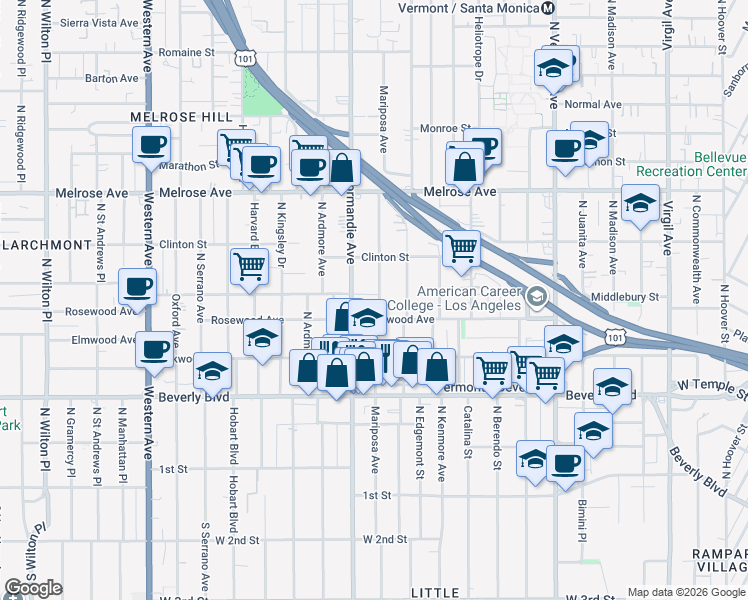 map of restaurants, bars, coffee shops, grocery stores, and more near 532 North Mariposa Avenue in Los Angeles